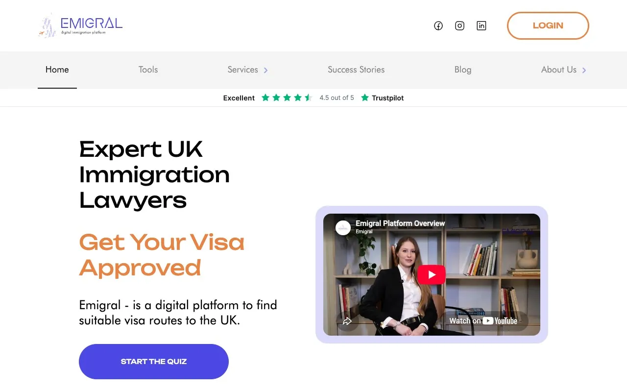 Emigral — the platform's public home page.