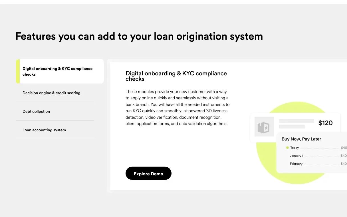Moduly doplněné do systému pro poskytování úvěrů (loan origination): onboarding a KYC, rozhodovací engine, vymáhání, účetnictví.